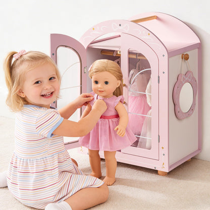 ROBOTIME 18 Inch Doll Closet, Wooden Doll Furniture Wardrobe with Mirror & Hangers, Pink Doll Clothes Storage Armoire, Doll Furniture for 18 Inch Dolls