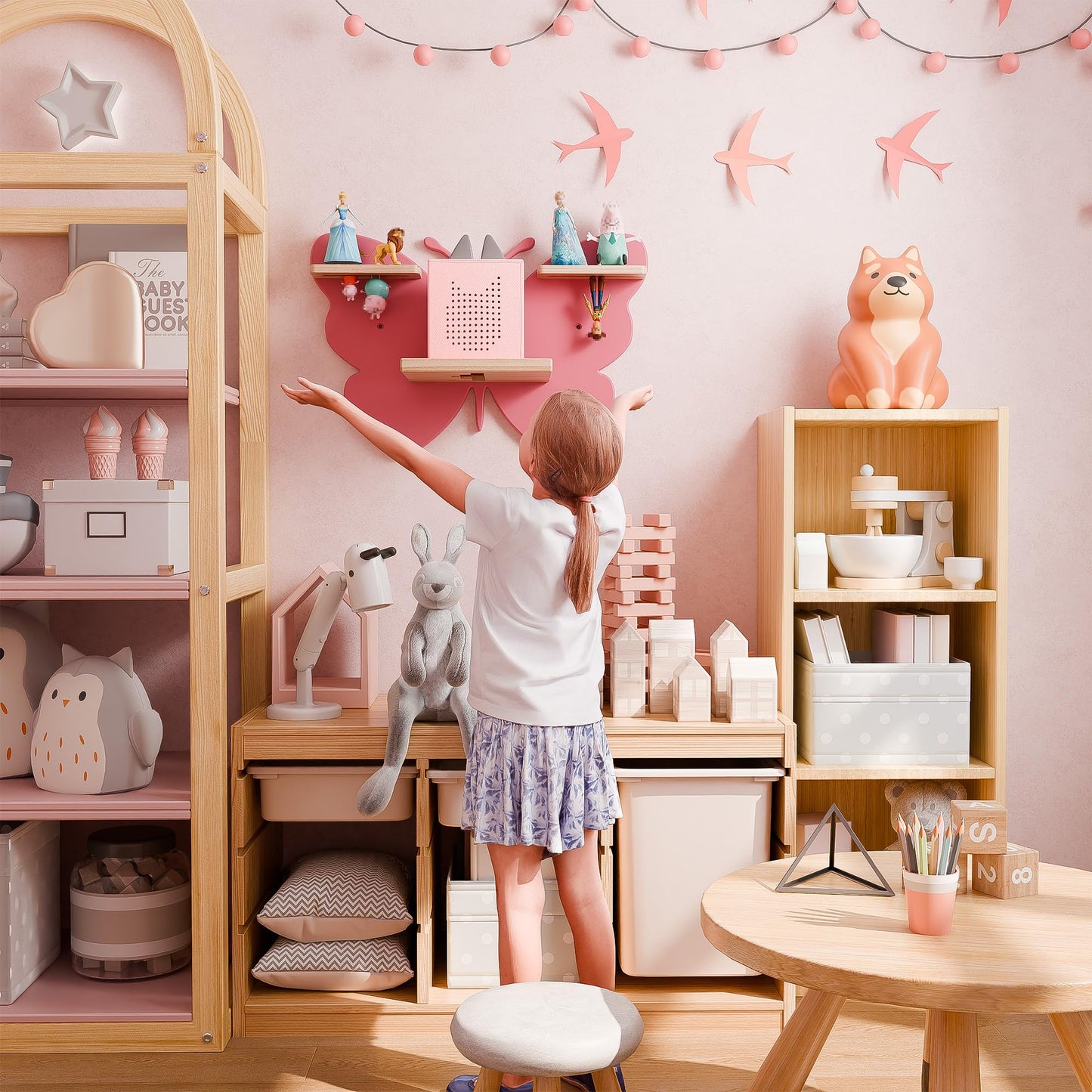 Eostbe Butterfly Tonie Shelf - Pink Magnetic Wooden Floating Shelf for 8-12 Tonie Figures, Cute Wall Mounted Kids' Tonie Storage