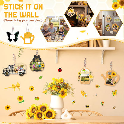 Cholemy 48pcs Sunflower Bee DIY Photo Frame Craft Kit for Kids, Hanging Ornament with Stickers, Summer Bee Ladybug Butterfly Truck Shapes for Party Favors, Classroom & Home Decor(Summer Style)