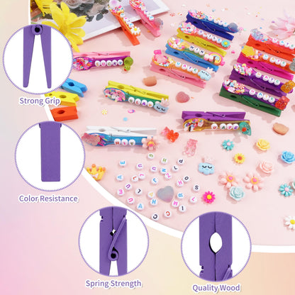 Fayoo 50 Pack DIY Cheer Pin Kit - 50 pcs Wooden Clothes Pins, U ATE Beads, Cheer Spoons and Charms for Pep Rally Cheerleader Gifts Team Spirit Gifts for Sports, Volleyball (Bright Color)