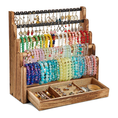 Pinzoveco Bracelet Holder, 3 Tier Rustic Bracelet Holder Display with 2 Tier Earring Organizer, 5 Tier Wooden Jewelry Display for Vendors, Home and Store