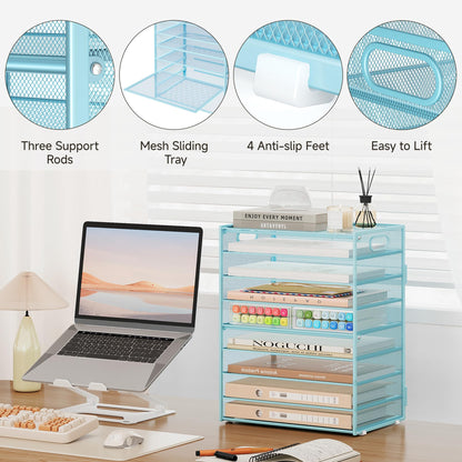 Subekyu 9 Tier Paper Letter File Tray Organizer for Desk, Large Mesh Desk Folder Sorter Organizer with Handle, Include 6 Pcs Adjustable Height Slid Tray for Office Home School Supplies Storage, Blue