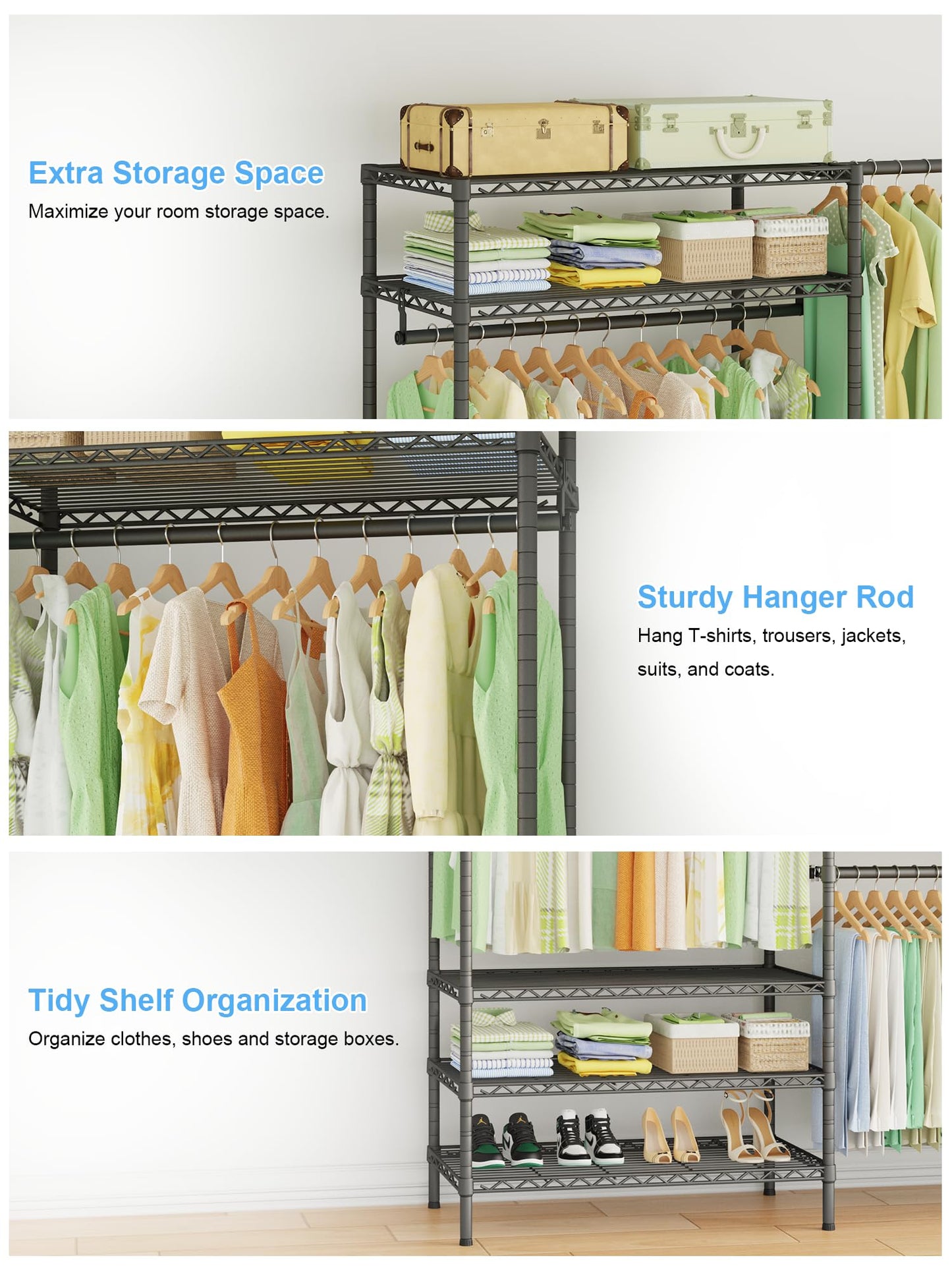 Ulif E11 Heavy-Duty Garment Rack, Metal Freestanding Clothes Rack and Closet Storage Organizer System with 8 Shelves and 4 Hanger Rods, (73.2-97.6)" W x 14.5" D x 71.2" H, Load 1034 LBS, Black