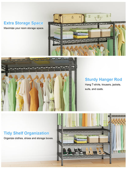 Ulif E11 Heavy-Duty Garment Rack, Metal Freestanding Clothes Rack and Closet Storage Organizer System with 8 Shelves and 4 Hanger Rods, (73.2-97.6)" W x 14.5" D x 71.2" H, Load 1034 LBS, Black