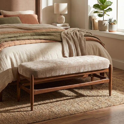 Christopher Knight Home Rubab 53.35" Chenille Fabric Upholstered End of Bed Ottoman Foot Rest, Wooden Ottoman Bench, Long Entryway Bench, Bedroom End of Bed Foot Stools, Light Brown + Walnut