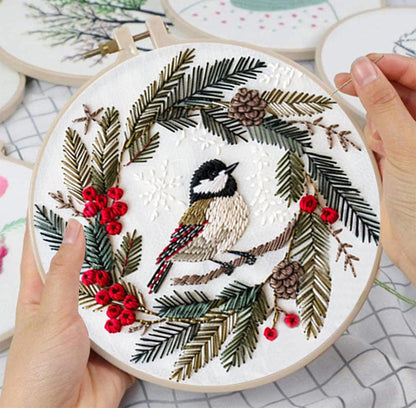 Huacan Embroidery Kits for Adults Beginner DIY Cross Stitch Stamped Christmas Pattern Stitching Wreath Sewing Kit 1 Piece 7.8 x 7.8 Inch