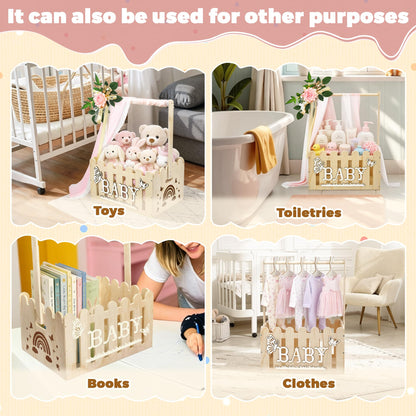 KYNUG Wooden Baby Shower Crate Closet With Hanger Rack, Wooden Baskets for Baby Shower With Handle Girl Welcome Box Personalized Baby Gifts Crates - Easy Assembly (Girl)