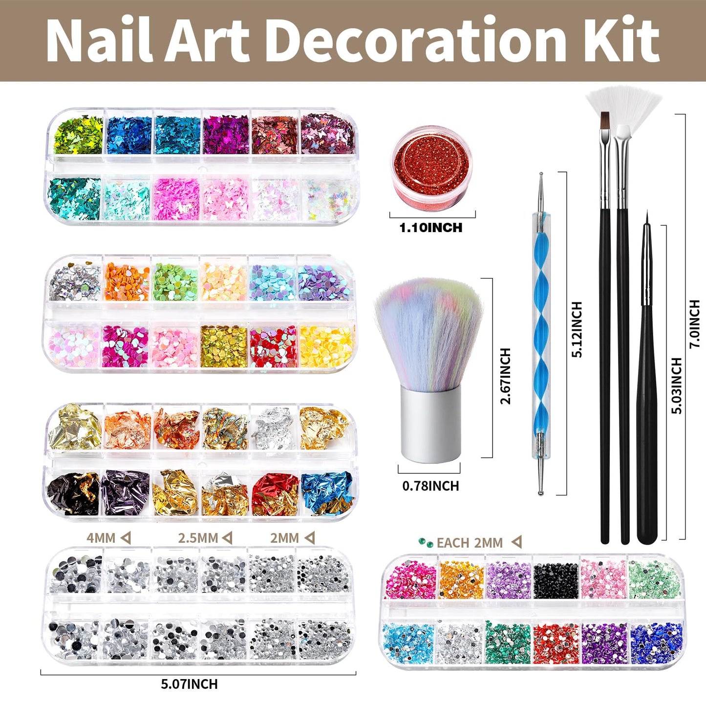 FANDAMEI Nail Art Kit, Nail Art Brushes Set, Nail Design Kit Dotting Tools, Fine Nail Glitter, Nail Decoration Butterfly Heart Glitter Sequins, Foil Flakes, Nail Rhinestones, Dust Brush