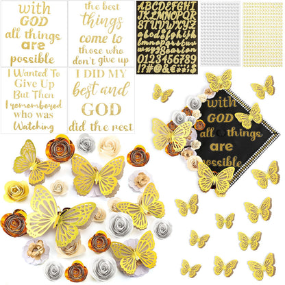 Feifeiya 44 Pcs DIY Graduation Cap Decoration Accessory Kit Faux Paper Flower Head Graduation Quote Glitter Sticker 3D Butterfly Pearl Rhinestone Sticker for Grad Cap Topper Gift(Gold)