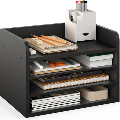 Ballucci File Organizer, 4-Tier Office Desk Organizer, Open Top Wood Paper Organizer for Classroom, Mail Sorter Paper Tray with Adjustable Storage Shelves, Black