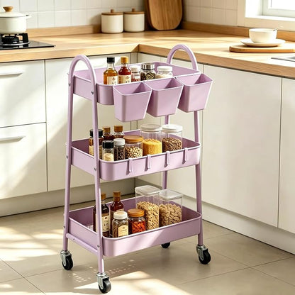 danpinera 3-Tier Rolling Cart, Utility Cart Mobile Metal Rolling Storage Cart with Lockable Wheels & Hanging Cups & Hooks for Kitchen, Bathroom, Office, Workshop, Purple