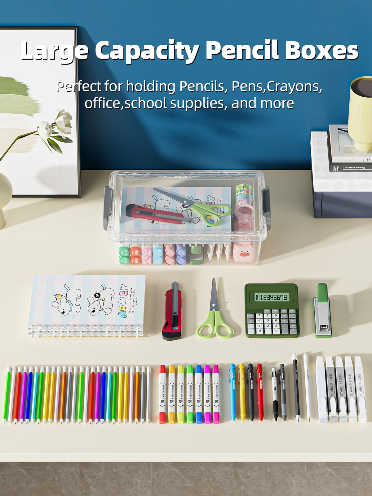 BiuLeon 4 Pack Extra Large Pencil Box, Plastic Pencil Case Organizer, Clear Crayon Box Marker Organizer, Stackable Craft Organizers and Storage for Pen, Craft, Art Supply(Grey)