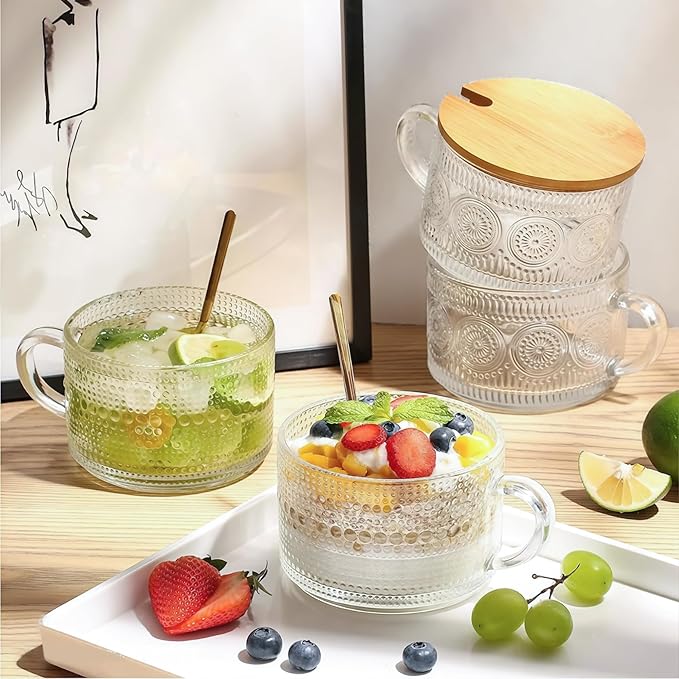 Vintage Glass Coffee Mugs 2 Set, 14oz Overnight Oats Containers with Bamboo Lids and spoon, Glass Tea Cups, Coffee Bar Accessories, Ideal Birthday, Holiday Gifts for Women