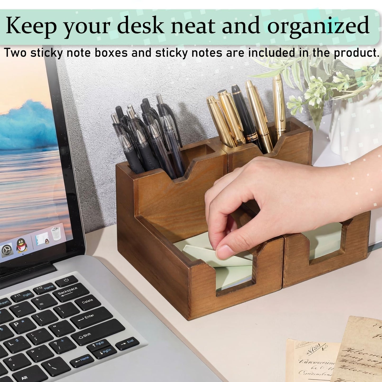 Crtiin 2 Pack Wood Sticky Note Holder, Walnut Color 2-in-1 Pen and Sticky Note Dispenser with 200 Sheets 3x3" Sticky-Notes, Elegant Desk Organizer for Office Home School Dorm Room
