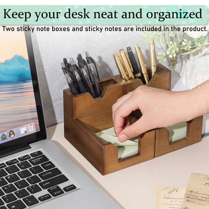 Crtiin 2 Pack Wood Sticky Note Holder, Walnut Color 2-in-1 Pen and Sticky Note Dispenser with 200 Sheets 3x3" Sticky-Notes, Elegant Desk Organizer for Office Home School Dorm Room