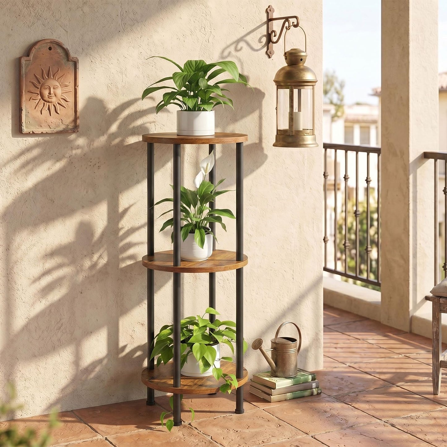 HOOBRO Plant Stand Indoor, 3 Tier 35.2" Tall Small Plant Shelf, Round Potted Holder Rack, Modern Flower Stand for Living Room Balcony Garden, Rustic Brown and Black BF13HJ01