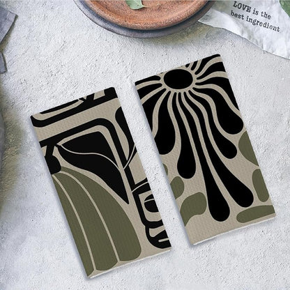 Sage Green Groovy 70s Retro Kitchen Towels Set of 2