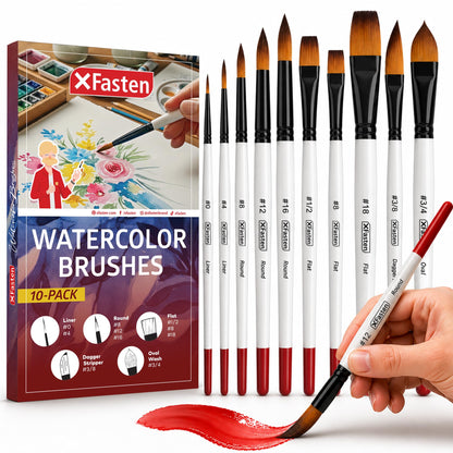 XFasten Watercolor Brushes Professional Set of 10, Synthetic Squirrel Hair Artist Watercolor Paint Brushes Set for Adults and Beginners, Gouache, Ink - Includes Round, Flat, Dagger, and Wash Brush
