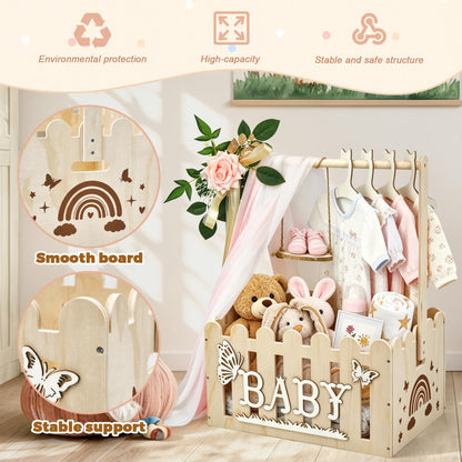 KYNUG Wooden Baby Shower Crate Closet With Hanger Rack, Wooden Baskets for Baby Shower With Handle Girl Welcome Box Personalized Baby Gifts Crates - Easy Assembly (Girl)