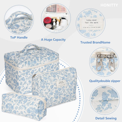 Makeup Bag,Quilted Cosmetic Bag,Large Floral Make Up Bag for Women,Cotton Makeup Bag Set,Flower Travel Toiletry Bag