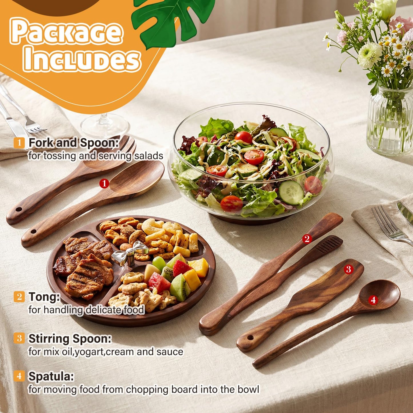 Hushee Large Glass Salad Bowl Set, Party Salad Bowl with Wood Base and Lid as Cheese Charcuterie Board and Plate, Comes with 5 Pieces of Elegant Wood Serving Utensils
