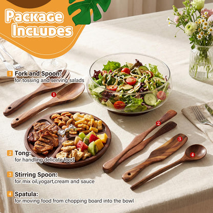 Hushee Large Glass Salad Bowl Set, Party Salad Bowl with Wood Base and Lid as Cheese Charcuterie Board and Plate, Comes with 5 Pieces of Elegant Wood Serving Utensils