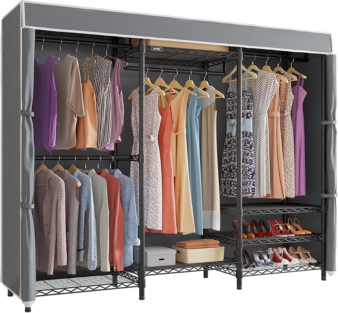 VIPEK V5C Portable Closet Wardrobe Bedroom Armoires Heavy Duty Covered Clothing Rack, Black Metal with Grey Oxford Fabric Cover, Adjustable Custom, 68.9" Lx15.7 Wx76.4 H