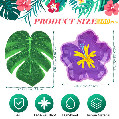 Motipuns 200 Pcs 9.05" Hibiscus Floral Paper Plates Bulk and Artificial Palm Leaves Luau Hibiscus Flowers Disposable Paper Plate Tropical Leaf Placemat Summer Hawaiian Safari Party Supplies Decoration