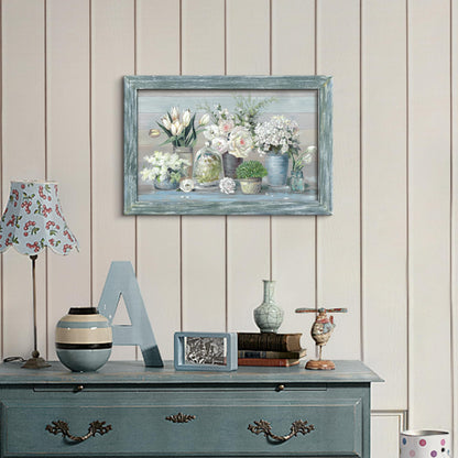Abstract Bouquet Wooden Framed Artwork: Botanical Flowers in Vase Wall Art Print Painting Modern Floral Nature Plant Picture for Living Room Bedroom Farmhouse