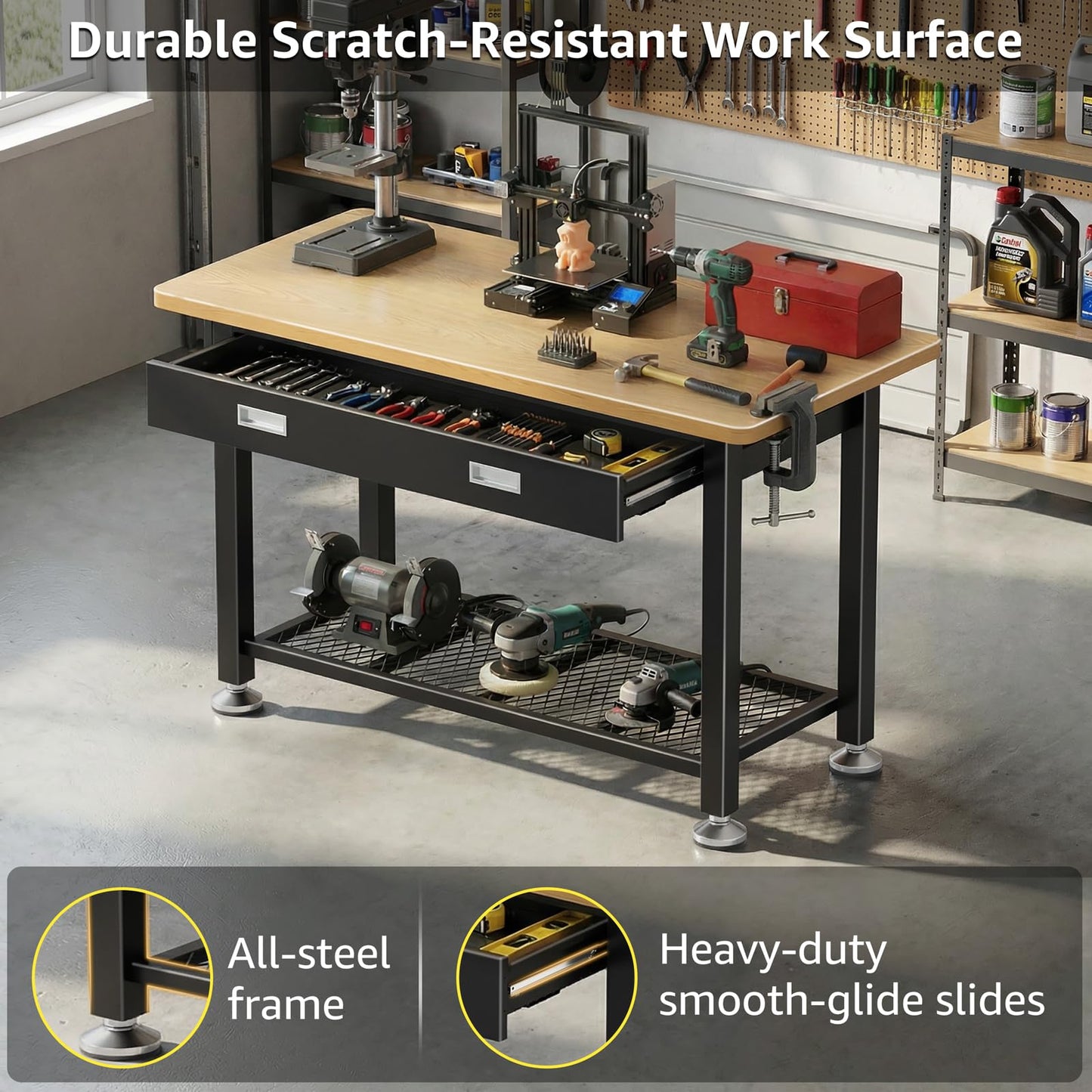 47.2" Heavy Duty Work Bench with Drawer and Storage for Garage, Small Wood Top and Metal Work Table for Crafts, 3D Printer Reloading Bench