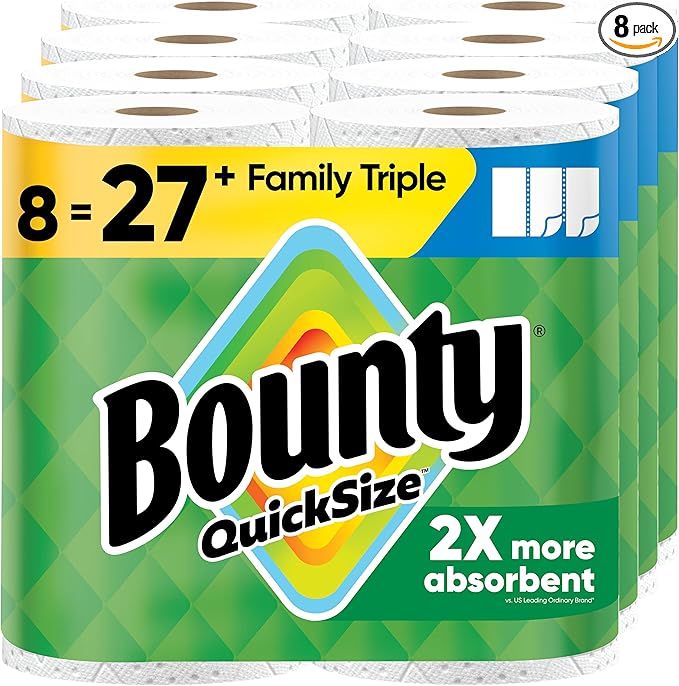 Bounty Quick-Size Paper Towels, 8 Family Triple Rolls = 27 Regular Rolls