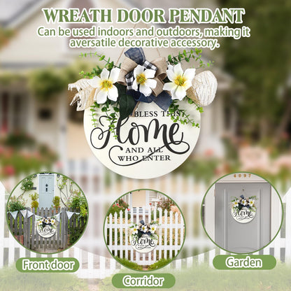 Kathfly Bless This Home and All Who Enter Wooden Front Door Sign Welcome Sign for Front Door Magnolia Summer Wreath 12 Inch Christian Home Decor Jesus Round Rustic Wall Hanging Decor for All Season