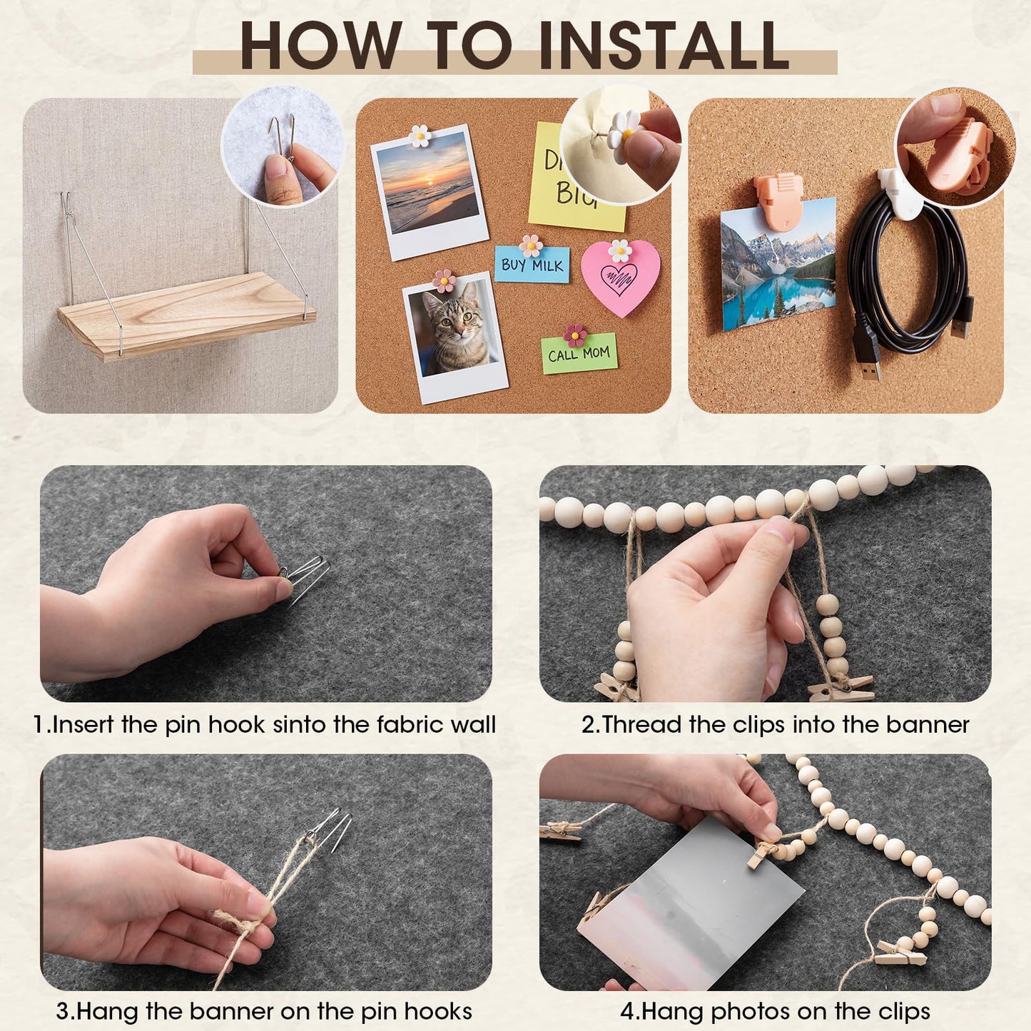 Sieral 48 Pcs Office Cubicle Decor Set, Boho Hanging Photo Display with 24 Wooden Clips, 2 Fabric Wall Shelves, 30 Flower Push Pins, 15 Cubicle Clips, Aesthetic Wall Decor for Office, Dorm & Workspace