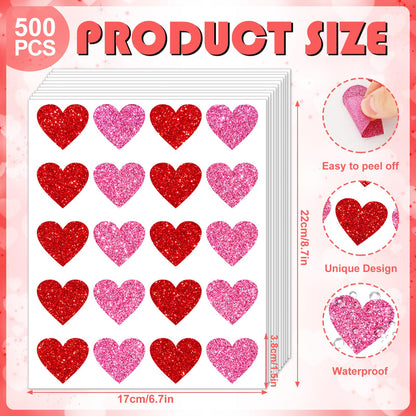 Whaline 500Pcs Valentine's Day Glitter Heart Stickers Pink Red Heart Shape Adhesive Decals Valentines Love Hearts Sticker Labels Decorative Envelope Seal Stickers for Wedding Anniversary Party