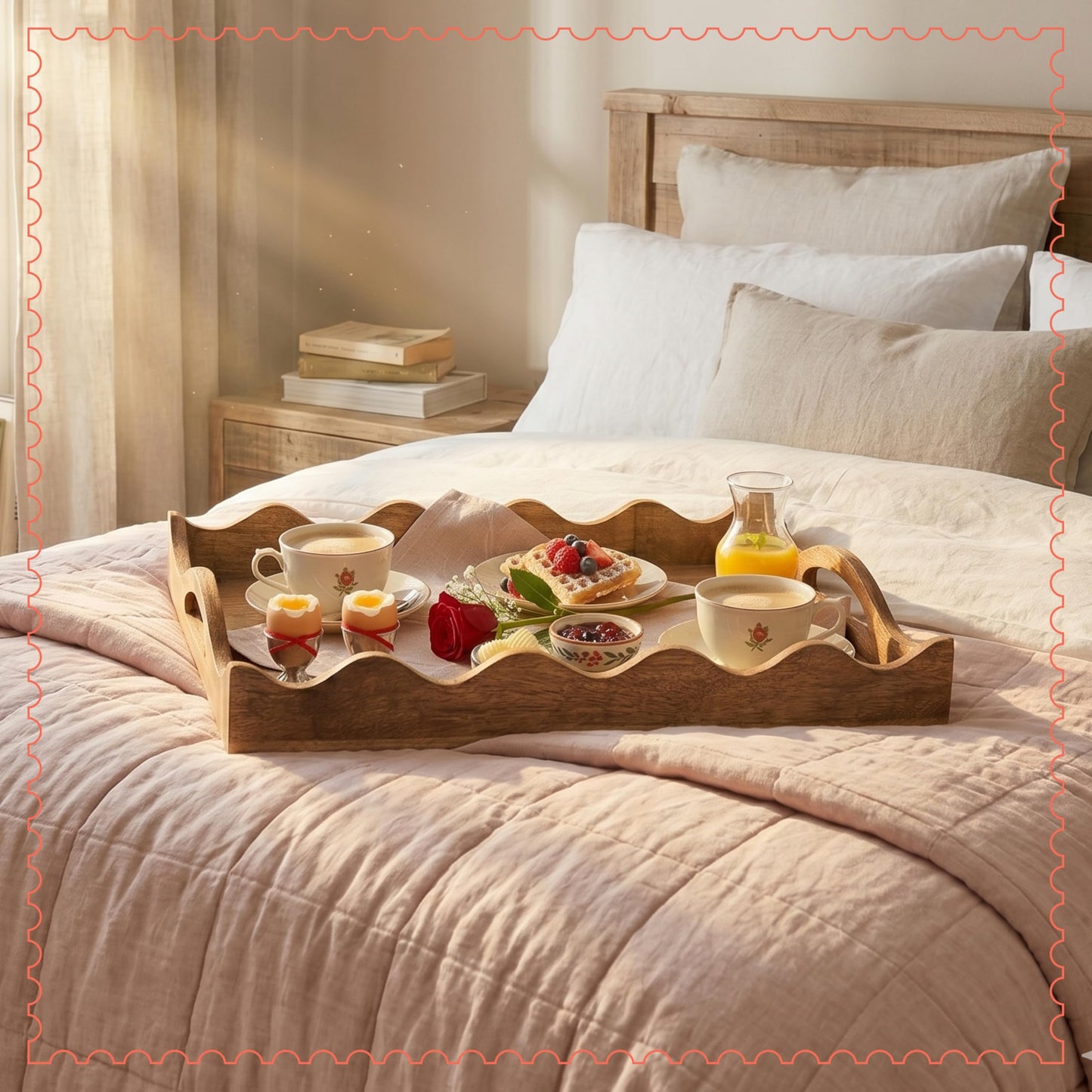 Mela Artisans 14” x 10” x 2.5” Mango Wood Serving Tray with Handles – Ottoman Scallop White Burnt – Medium Handcrafted Wooden Serving Board for Breakfast, Coffee & Home Décor
