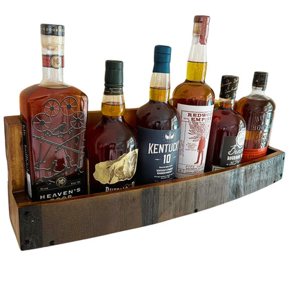 Liquor Bottle Display Shelf – Whiskey Barrel Bar Shelf for Whiskey, Wine & Bourbon – Rustic Wall-Mounted Wooden Shelves, Countertop Rack, Stylish & Space-Saving Small Liquor Cabinet for Enthusiasts