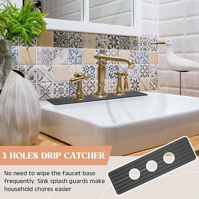3 Hole Gray Faucet Mat for Kitchen Sink Bathroom 15.94" x 4.92" Kitchen Faucet