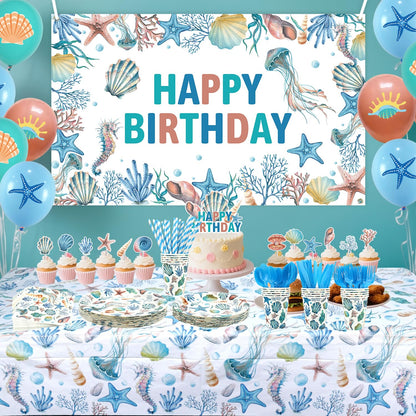 Obussgar Shells Birthday Party Decorations - Shells Party Supplies including Backdrop, Plate, Cake Topper, Cup, Napkin, Balloon, Tablecloth - Serves 20