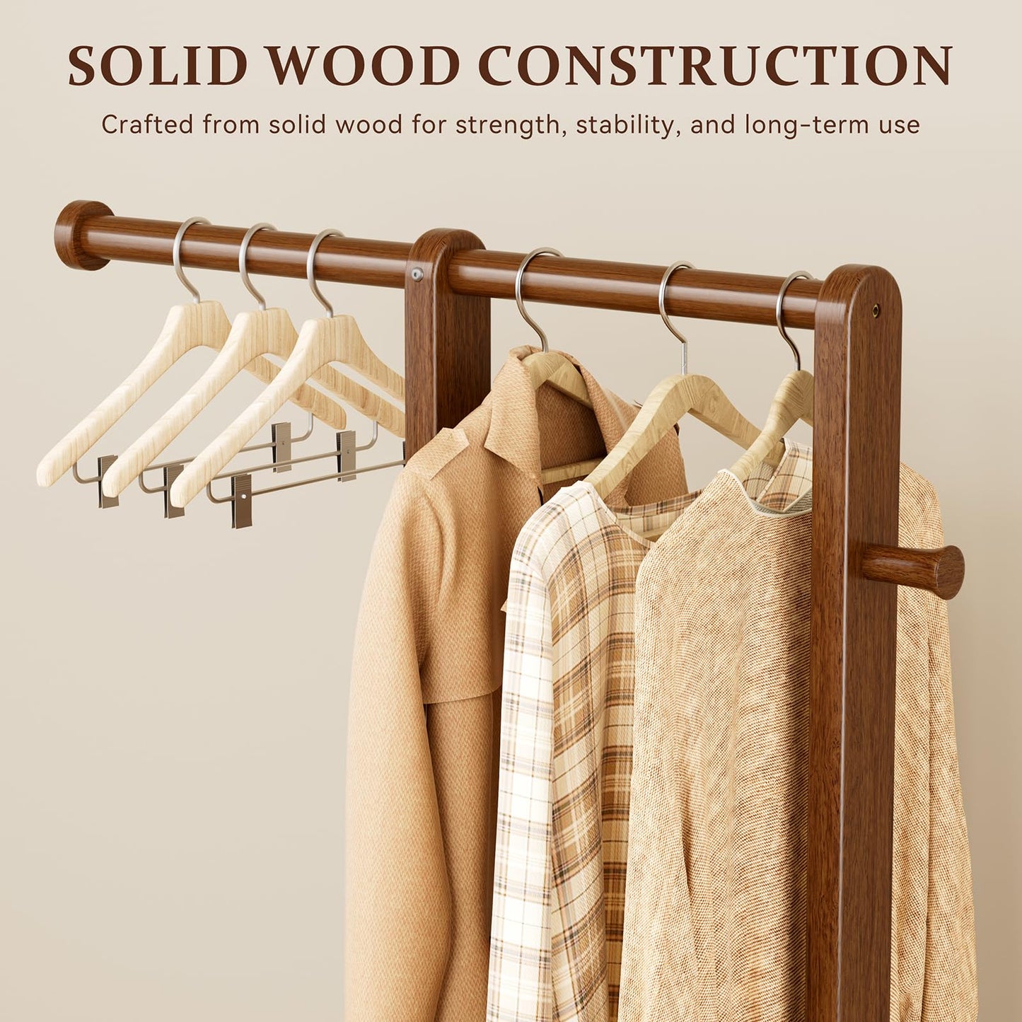 Wamhom Solid Wood Coat Rack, Freestanding Standing Clothes Rack with Double Hanging Rods for Coats, Jackets, Wooden Coat Tree Garment Rack for Bedroom Entryway Hallway, Space Saving Small Coat Rack