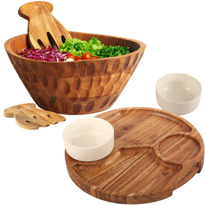 Culina Craftique 11" Wooden Salad Bowl Set — Bundle with 12.2" Chip and Dip Serving Platter — Durable Hosting Essential For Home — Ideal Gift — Includes Serving Utensils and 2 Ceramic Bowls