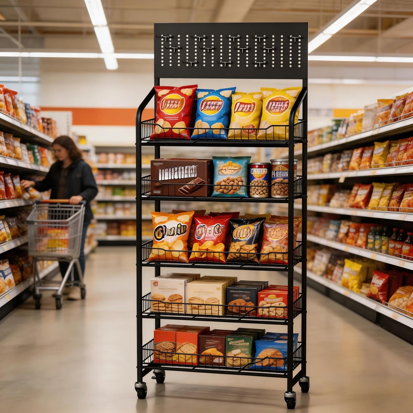 5-Tier Metal Display Rack Large Snack Shelving Unit with Hanging Panels and 12 Hooks 4 Casters for Easy Mobility Freestanding Display Unit Ideal for Supermarkets and Retail Stores (65.23H*23.8W*10.4D)