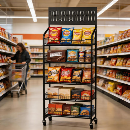 5-Tier Metal Display Rack Large Snack Shelving Unit with Hanging Panels and 12 Hooks 4 Casters for Easy Mobility Freestanding Display Unit Ideal for Supermarkets and Retail Stores (65.23H*23.8W*10.4D)