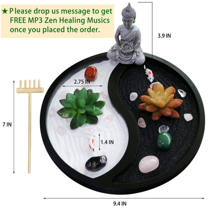 Buddha Meditation Zen Garden Kit - Home Office Tabletop Taiji Yin Yang Sand Garden Altar Zen Decor Zen Gifts DIY Mini Chakra Crystal Quartz Rock Garden w/ Nature Healing Stone Rake Tool