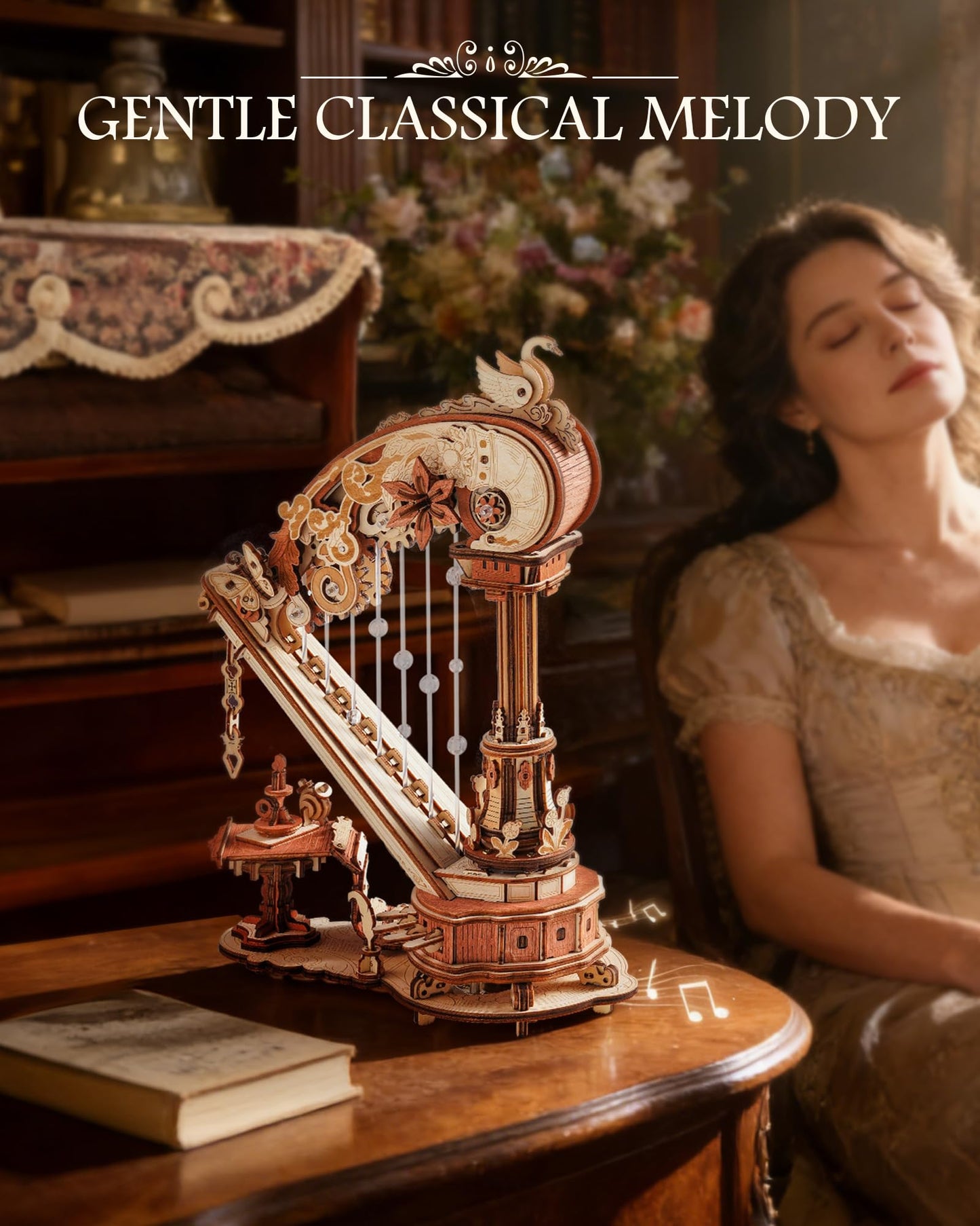 ROKR 3D Wooden Puzzle Harp Music Box, Building Model Kit with Mechanical Movement, Gift for Adults Women, Elegant Home Decor for Desk & Shelf