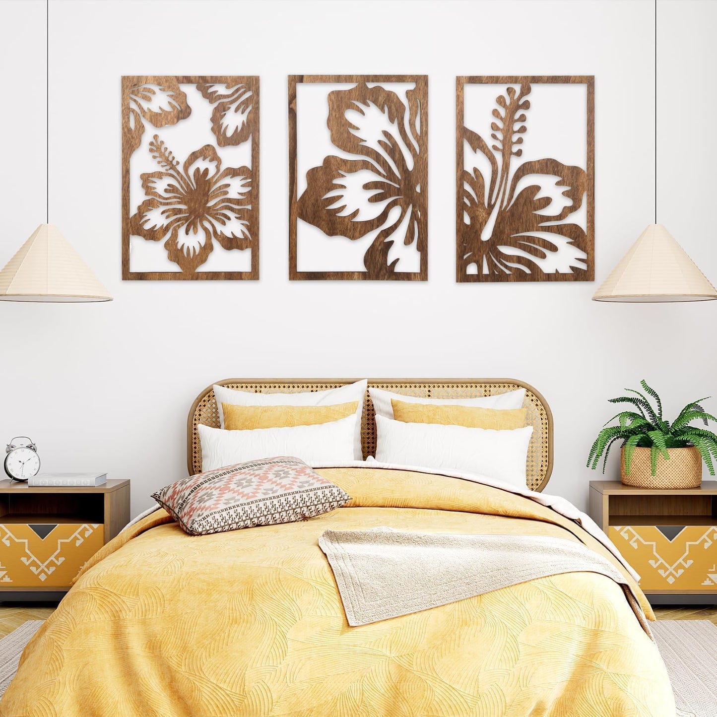 Motivilla 3 Pieces Wood Wall Art Floral Decor, 3D Layered Flowing Flower Wooden Wall Sculptures, Nature Inspired Hanging Aesthetic Decor for Living Room Bedroom Office (Dark Flower, Large)