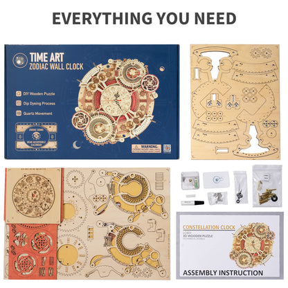 ROKR 3D Wooden Puzzles for Adults-Wooden Clock Puzzle Kit-Wood Model Kits to Build for Adults-Zodiac Wall Clock