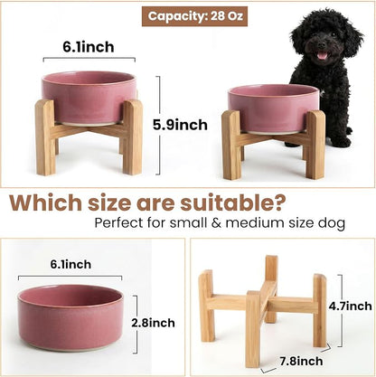 hjn Elevated Ceramic Dog Bowl with Bamboo Stand, Raised Pet Feeding Station for Small Medium Dogs Cats, Modern Design with Anti-Slip Base (Deep Pink, 3.6Cup)