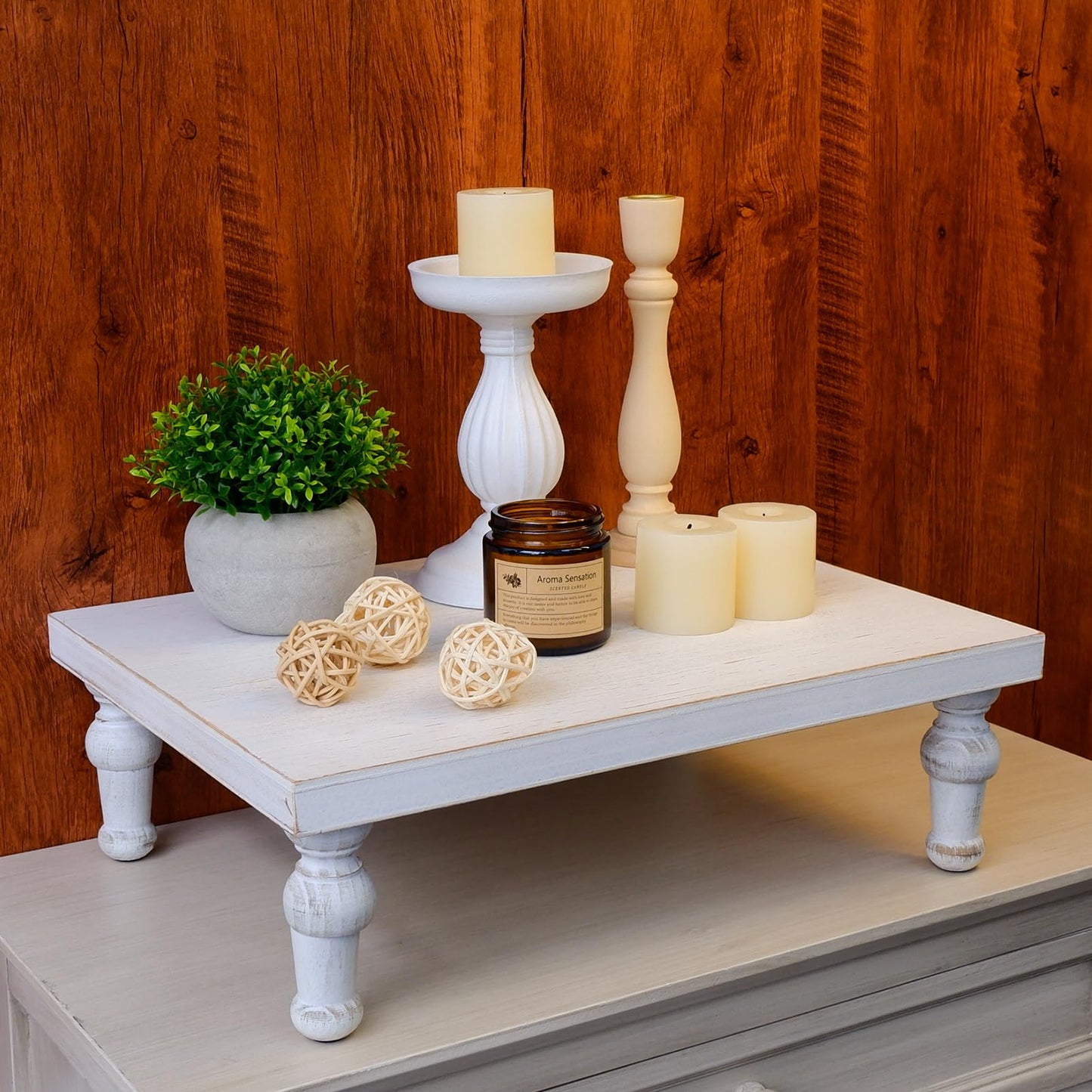 TOOLTENG Wooden Riser Decorative Tray, Farmhouse Wood Pedestal Stand, Rustic Whitewashed Tray Riser Display Stand, Coffee Bar, Dining Room, Centerpiece, Kitchen, Bathroom Table Decor (Washwhite)