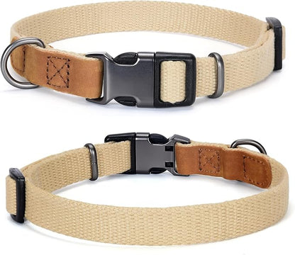 Mile High Life Genuine Leather Dog Collar, Soft Cotton Pet Collars with Heavy Metal Buckle for Small Large Dogs (Khaki, S Neck 11"-15")