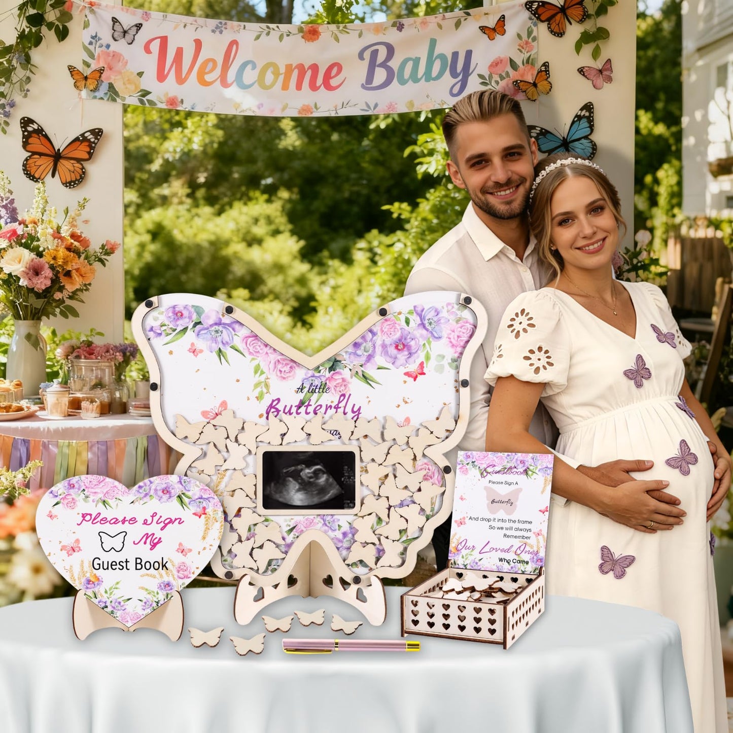 66pcs Butterfly Baby Shower Guest Book Alternative Wooden Guest Sign in Butterfly with Sonogram Photo Frame Butterfly Floral Guestbook Pregancy Keepsake Gender Reveal 1st Birthday Party Decorations